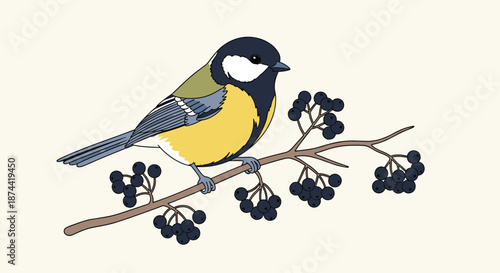 Detailed bird illustration of a great tit with yellow and black plumage perched on a brown branch with small dark berries in a garden setting.
