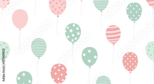 Whimsical seamless pattern of pastel-colored balloons decorated with stars, stripes, and polka dots on a white background for joyful celebrations.