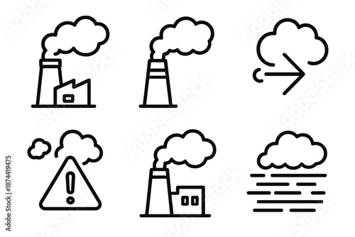 Industrial Emission Icons. Industrial smokeset in outline vector style factory chimney, smoke stack, emission cloud, wind direction, warning symbol, pollution haze
