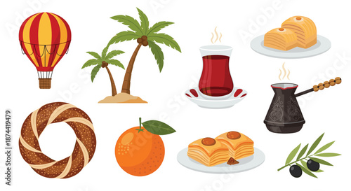 Set of Turkish cultural symbols including traditional tea, coffee, baklava, simit, oranges, palm trees, and a hot air balloon from Cappadocia.
