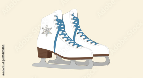 Pair of white figure skates with blue laces and a delicate snowflake decoration isolated on a soft peach background for winter sport themes.