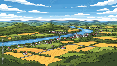 Flat vector illustration of Ohio landscape featuring rivers, rolling hills, forests, farmland, and small towns, balanced Midwestern scenery in solid colors