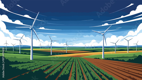 Flat vector illustration of Oklahoma countryside with open plains, farmland, wind turbines, and dramatic skies, wide rural scenery in solid flat vector style