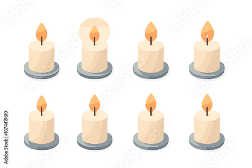 Minimal Candle Icons. Candle Table Minimal Flame set in isometric flat vector : simple candle dash, soft gradient orb, muted dot, clean flame arc, subtle glow cue, delicate line