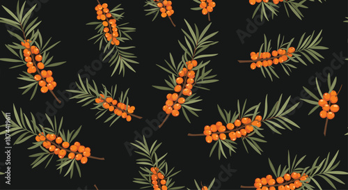 Striking seamless pattern featuring orange sea buckthorn berries on branches with green leaves over a black background for botanical designs.