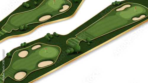 Top View of Golf Course Holes with Sand Traps and Greens.