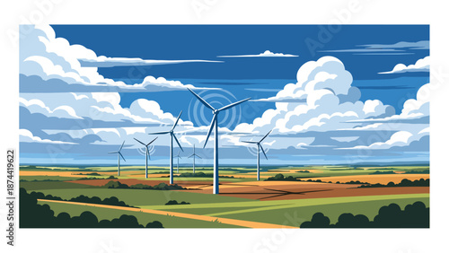 Flat vector illustration of Oklahoma countryside with open plains, farmland, wind turbines, and dramatic skies, wide rural scenery in solid flat vector style