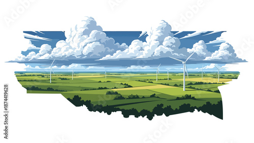Flat vector illustration of Oklahoma countryside with open plains, farmland, wind turbines, and dramatic skies, wide rural scenery in solid flat vector style