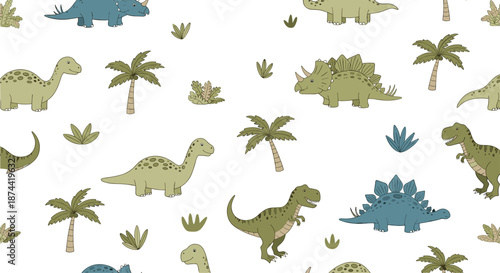 Prehistoric world comes alive in this charming seamless pattern featuring various dinosaurs and tropical palm trees on white background.