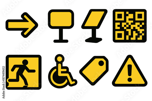 Brutalist Icon Set. Wellness Glow Signage & Guidance icon set in silhouette bold style. Contain directional arrow, room plaque, info stand, QR code tile,