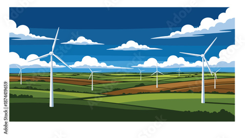 Flat vector illustration of Oklahoma countryside with open plains, farmland, wind turbines, and dramatic skies, wide rural scenery in solid flat vector style