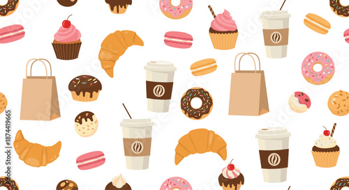 Sweets and coffee favorites like donuts, croissants, and macarons are scattered across a charming seamless pattern for cafe themes.