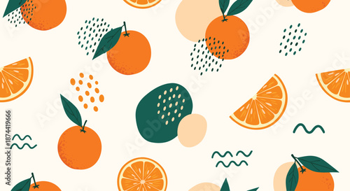 Abstract artistic pattern features vibrant oranges and citrus slices combined with geometric shapes and textures for a modern design.