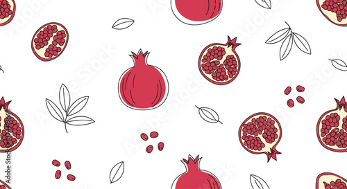 Ripe pomegranates and delicate leaves create a sophisticated seamless pattern that is perfect for elegant textile and wallpaper designs.