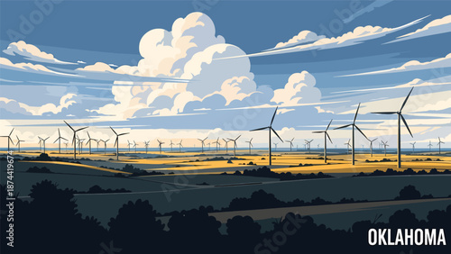 Flat vector illustration of Oklahoma countryside with open plains, farmland, wind turbines, and dramatic skies, wide rural scenery in solid flat vector style