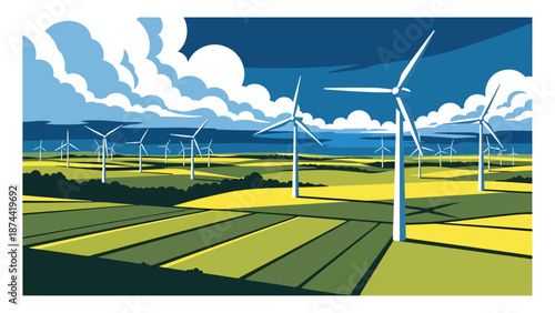 Flat vector illustration of Oklahoma countryside with open plains, farmland, wind turbines, and dramatic skies, wide rural scenery in solid flat vector style