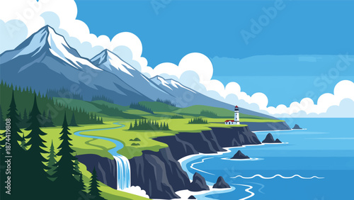 Flat vector illustration of Oregon landscape with dense forests, mountains, rivers, waterfalls, and coastline elements, diverse Pacific Northwest scenery in solid colors