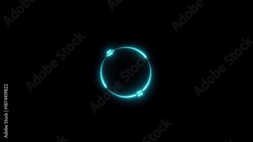 Bright neon circle quote frame icon animation on black background. Circle on black background with comma. 4k motion video.