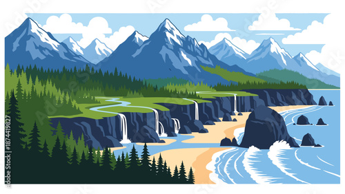 Flat vector illustration of Oregon landscape with dense forests, mountains, rivers, waterfalls, and coastline elements, diverse Pacific Northwest scenery in solid colors