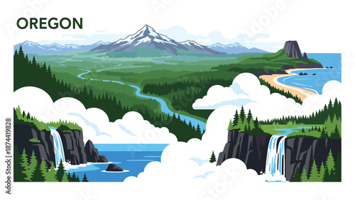 Flat vector illustration of Oregon landscape with dense forests, mountains, rivers, waterfalls, and coastline elements, diverse Pacific Northwest scenery in solid colors