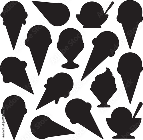 black silhouettes of various ice cream cones and sundaes on white background