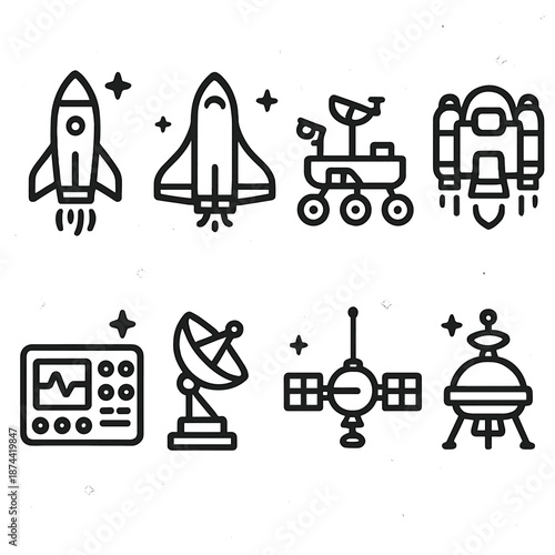Spacecraft Icons Silhouette. Starlit Quiet Spacecraft & Equipment set in outline vector style : rocket, space shuttle, rover, jetpack, control panel, sensor array, satellite dish, space probe