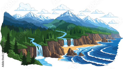 Flat vector illustration of Oregon landscape with dense forests, mountains, rivers, waterfalls, and coastline elements, diverse Pacific Northwest scenery in solid colors