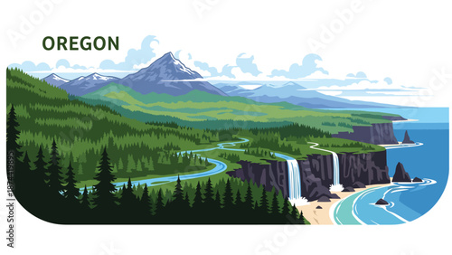Flat vector illustration of Oregon landscape with dense forests, mountains, rivers, waterfalls, and coastline elements, diverse Pacific Northwest scenery in solid colors