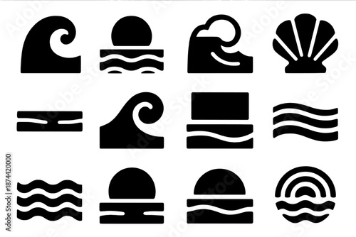 Coastal Icon Set. Coastal horizonfall pieces icon set in silhouette bold style. Contain wave curl, horizon moon, foam crest, seashell, driftwood line, breeze arc, soft haze, tide ripple