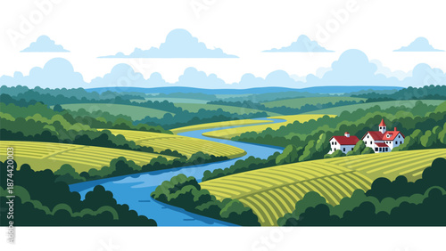 Flat vector illustration of Pennsylvania countryside with rolling hills, forests, rivers, and farmland, historic rural scenery in clean flat vector style