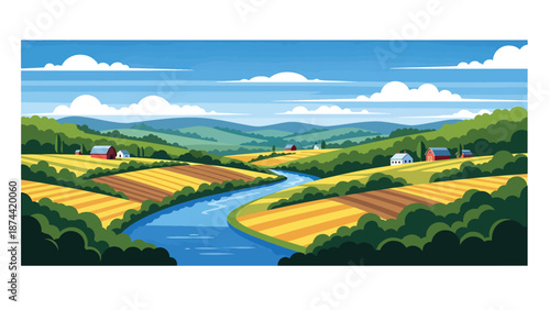 Flat vector illustration of Pennsylvania countryside with rolling hills, forests, rivers, and farmland, historic rural scenery in clean flat vector style
