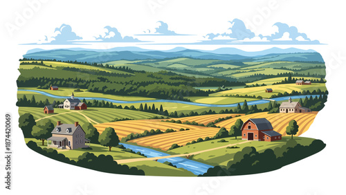 Flat vector illustration of Pennsylvania countryside with rolling hills, forests, rivers, and farmland, historic rural scenery in clean flat vector style