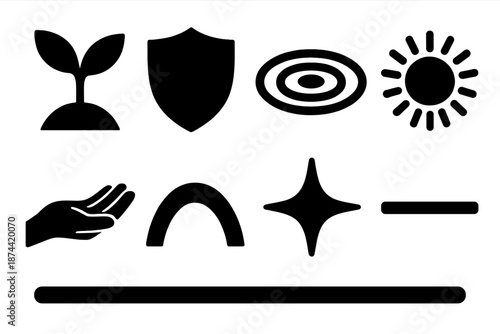 Brutalist Vector Icons. Tender Fortitude icon set in silhouette bold style. Contain rising sprout, shield icon, calm ripple, steady glow, supportive hand, gentle curve, resilient spark, balanced line