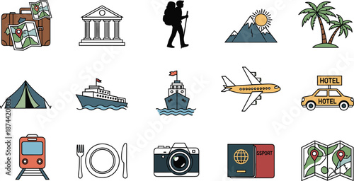 Travel icon collection featuring suitcase, airplane, cruise, tent, map, hotel, food, and sightseeing symbols for tourism, vacation, and trip planning design.