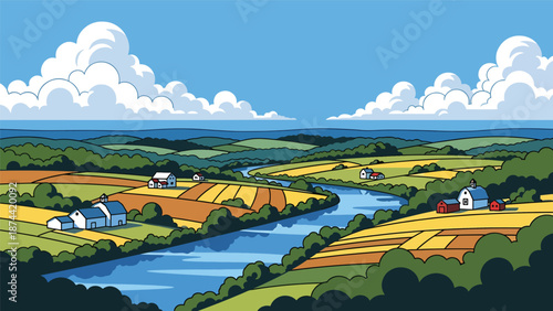 Flat vector illustration of Pennsylvania countryside with rolling hills, forests, rivers, and farmland, historic rural scenery in clean flat vector style