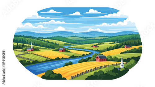 Flat vector illustration of Pennsylvania countryside with rolling hills, forests, rivers, and farmland, historic rural scenery in clean flat vector style