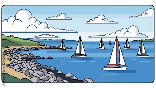 Flat vector illustration of Rhode Island coastal scenery with bays, sailboats, rocky shores, and ocean horizon, maritime landscape in solid flat colors