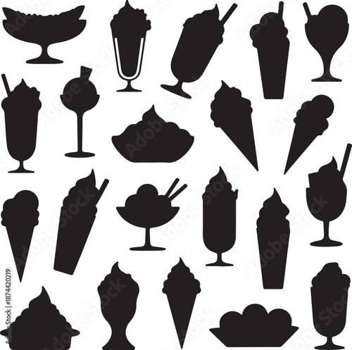 black silhouettes of various ice cream desserts and drinks on white background