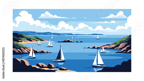 Flat vector illustration of Rhode Island coastal scenery with bays, sailboats, rocky shores, and ocean horizon, maritime landscape in solid flat colors