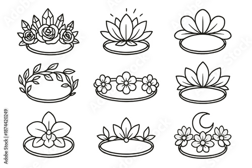 Fantasy Flower Crowns. Fantasy Blossom Crowns set in outline vector style : crystalline rose crown, glowing lotus circlet, ethereal petal halo, enchanted vine