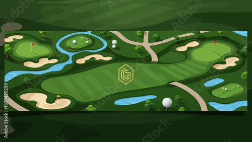 Top View Golf Course Layout with Water Hazards and Bunkers.