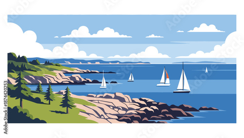 Flat vector illustration of Rhode Island coastal scenery with bays, sailboats, rocky shores, and ocean horizon, maritime landscape in solid flat colors