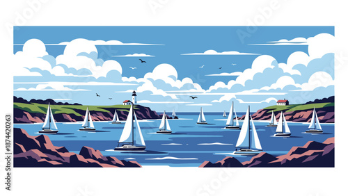 Flat vector illustration of Rhode Island coastal scenery with bays, sailboats, rocky shores, and ocean horizon, maritime landscape in solid flat colors