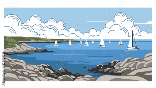 Flat vector illustration of Rhode Island coastal scenery with bays, sailboats, rocky shores, and ocean horizon, maritime landscape in solid flat colors