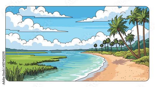 Flat vector illustration of South Carolina coastal landscape with beaches, marshlands, palm trees, and calm waters, southern seaside scenery in solid colors