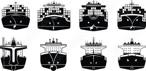 Cargo ship front view, maritime transport, container vessel silhouette, ocean freight, nautical engineering, shipping industry, global logistics, black and white illustration