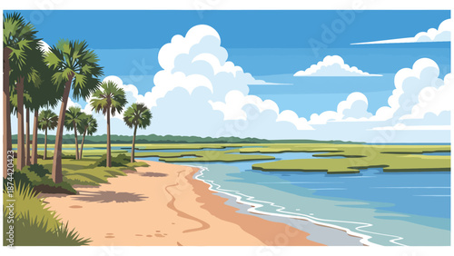 Flat vector illustration of South Carolina coastal landscape with beaches, marshlands, palm trees, and calm waters, southern seaside scenery in solid colors