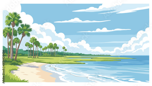Flat vector illustration of South Carolina coastal landscape with beaches, marshlands, palm trees, and calm waters, southern seaside scenery in solid colors