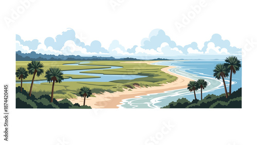 Flat vector illustration of South Carolina coastal landscape with beaches, marshlands, palm trees, and calm waters, southern seaside scenery in solid colors