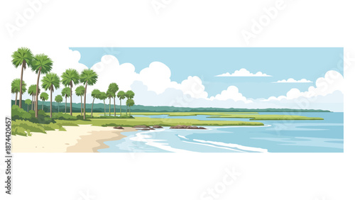 Flat vector illustration of South Carolina coastal landscape with beaches, marshlands, palm trees, and calm waters, southern seaside scenery in solid colors